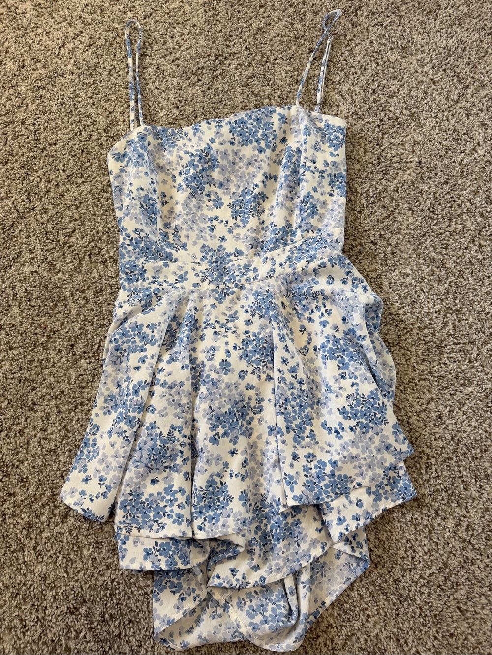 Dainty Hooligan White and Light Blue Floral Strapless Romper with Ruffles